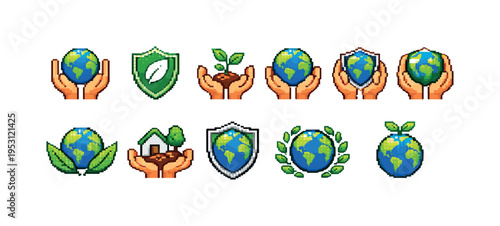 Pixel art icons representing Earth care, sustainability, and environmental protection