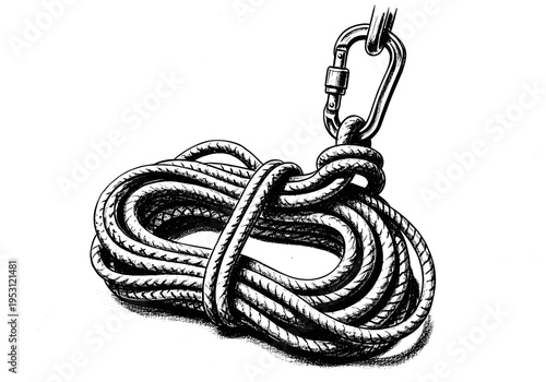 Close-up illustration of a coiled climbing rope secured with a carabiner on a white background
