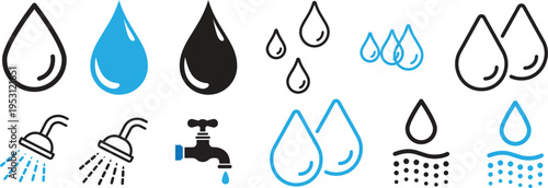 Water Droplets and Water Fixture Icon: A collection of various water droplet designs and water fixtures create visual elements, highlighting concepts of flow, purity, and natural resources.