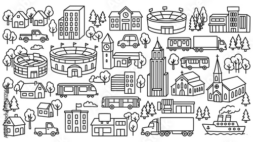 Outline city map vector icons with houses buildings and transport