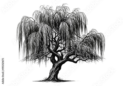 Striking black and white illustration of a weeping willow tree with flowing branches