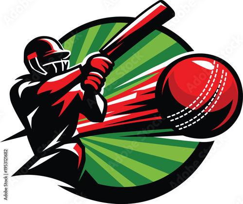 A stylized illustration of a cricket player hitting a ball with power