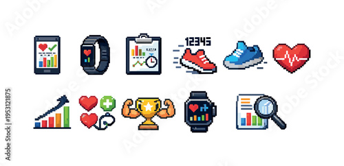 Pixel art icons for fitness tracking, health monitoring, and athletic achievement