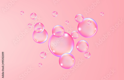 Fizzing air and water pink bubbles on white background with fizzy sparkles.