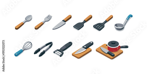 Collection of isometric kitchen utensils and cooking tools on a black background