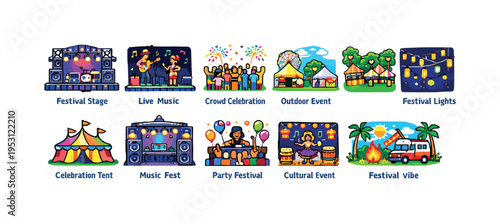 Collection of cartoon festival icons representing different event types and activities