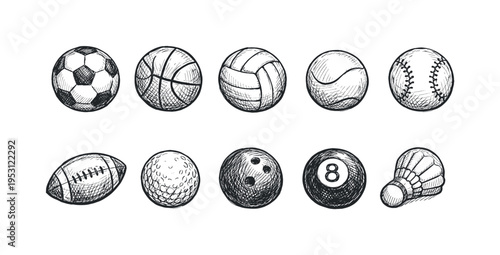 Collection of hand-drawn sports balls and shuttlecock in sketch style