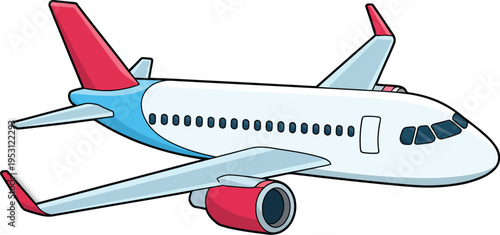 Airplane digital illustration, commercial aircraft side profile, white blue red colors, minimalist vector art, smooth curves and sharp angles, drop shadow, white background