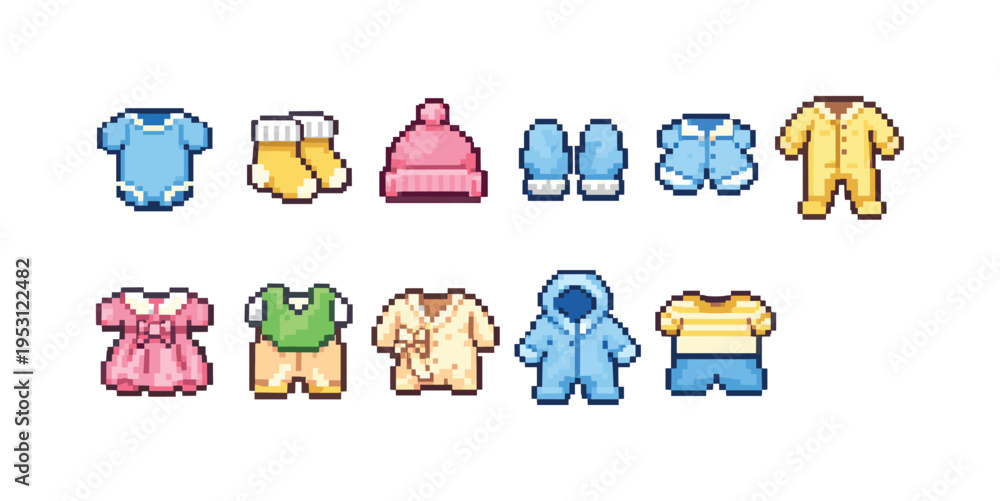 Fototapeta premium Collection of pixel art baby clothes and accessories for different seasons