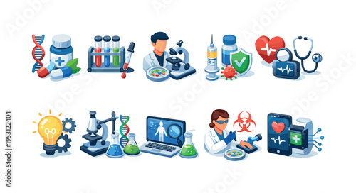 Medical research and healthcare icons depicting science, innovation, and technology