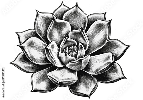 Detailed black and white sketch of a succulent plant with layered petals