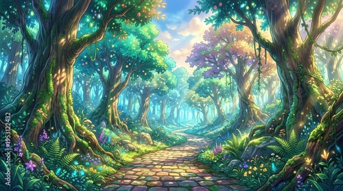 Enchanted forest pathway with vibrant trees and glowing lights