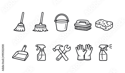 Collection of simple line art icons representing cleaning and maintenance tools and supplies