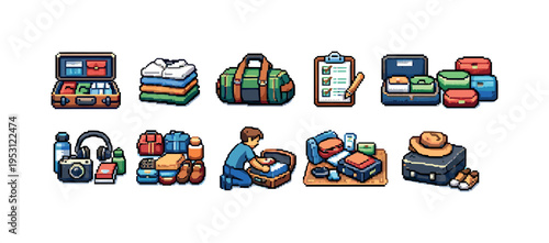 Pixel art collection of travel and packing items for vacation adventures