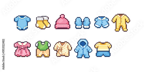 Collection of pixel art baby clothes and accessories for different seasons