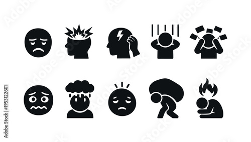 Collection of icons representing mental health struggles and emotional distress