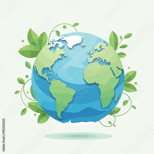 Green globe icon vector with environmental ecology concept decorated with leaves and trees for global planet earth nature conservation symbol