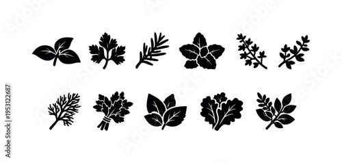 Collection of stylized black icons representing various fresh herbs and leafy greens