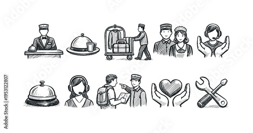 Collection of hotel service and hospitality icons in a hand-drawn sketch style