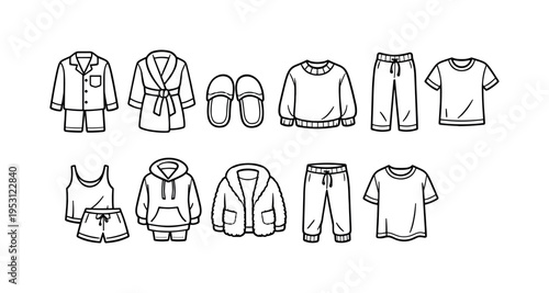 Collection of cozy sleepwear and loungewear items in a simple line art style
