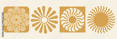 Four abstract sun motifs in mustard yellow and cream