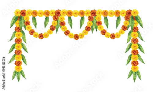 Watercolor Indian door toran garland with marigold flowers and mango leaves for diwali festival decoration isolated on transparent background