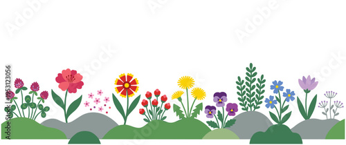 Horizontal border with colorful meadow flowers and green grass hills