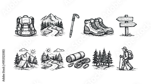 Collection of hand-drawn illustrations depicting hiking and camping gear and scenery