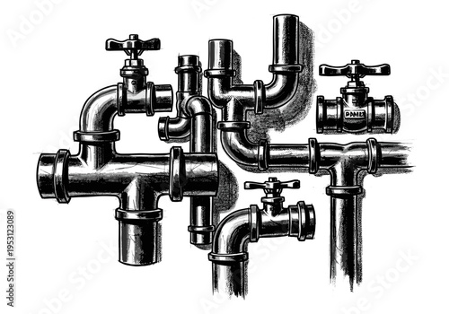 Intricate network of industrial pipes and valves in a detailed black and white illustration