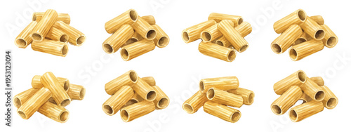 Watercolor set of raw rigatoni pasta tubes in small piles isolated on transparent background
