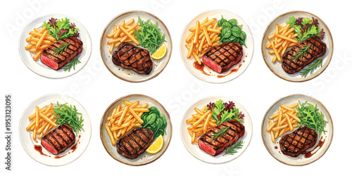 Watercolor set of plated grilled beef steak dinners with french fries and fresh leaf salad isolated on transparent background