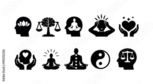 Collection of icons representing mental health, balance, and mindfulness concepts