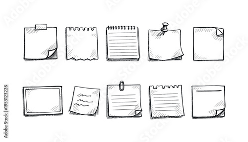 Collection of hand-drawn sticky notes and paper scraps with different edges and fasteners
