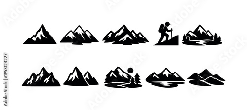 Collection of stylized mountain range icons with nature elements and a hiker