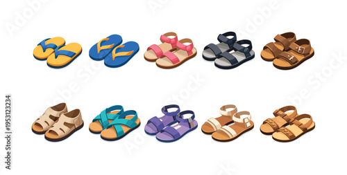 Collection of diverse summer footwear including flip-flops and sandals for various styles