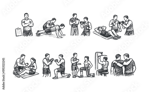 Diverse fitness activities and personal training sessions depicted in a sketch style