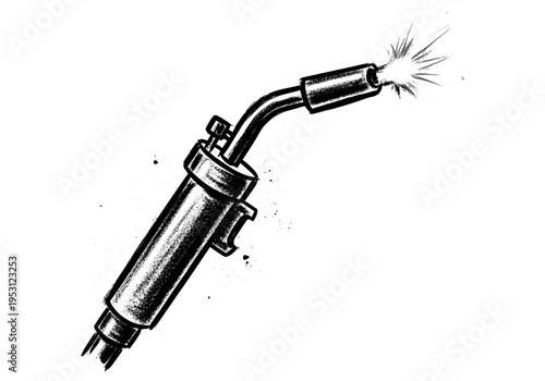Black and white illustration of a welding torch with sparks flying from the nozzle