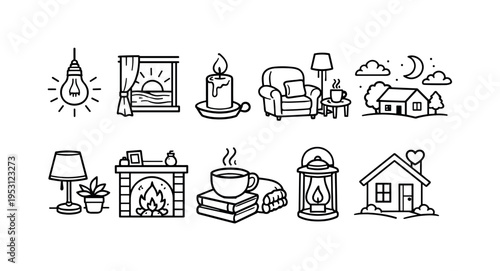 Cozy home icons depicting comfort, relaxation, and domestic scenes