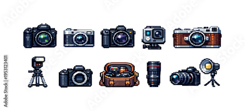 Pixel art collection of various cameras and photography equipment on a black background