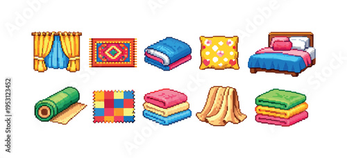 Pixel art collection of bedroom and home textile items for interior design