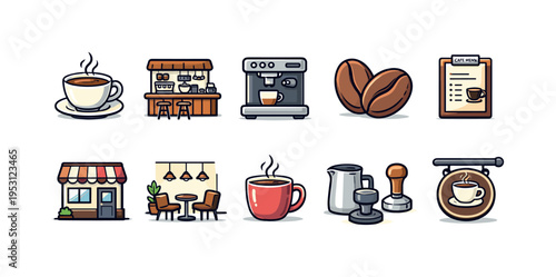 Collection of cute coffee shop icons and elements for cafe design