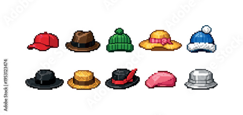 Collection of pixel art hats including fedora, beanie, straw hat, and cap