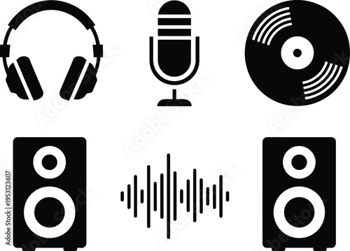 Set of Black Music Icons on a White Background equipment