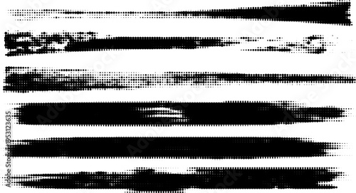 Grunge paint stripes and brayer print effects with merged black lines.
Thick rectangular callout stamps and chalk-style text boxes.