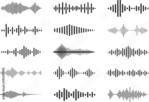 Fifteen black and white sound wave graphics arranged in a grid on a white background audio wave