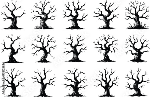 Collection of fifteen stylized bare winter trees in silhouette on a white background dead