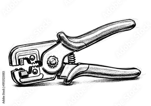 Hand-drawn sketch of a wire crimping tool with a spring mechanism and serrated jaws