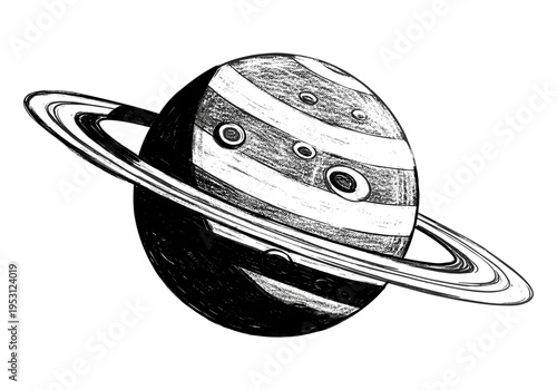 Stylized black and white drawing of a ringed planet with visible moons or storms