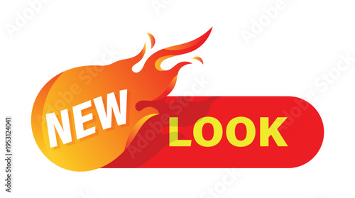 Vibrant new look promo label with fire flame element for retail marketing and ecommerce rebranding