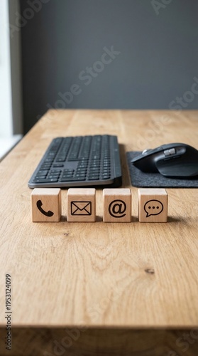 A black keyboard and mouse sit on a wooden desk with wooden blocks displaying email symbols.